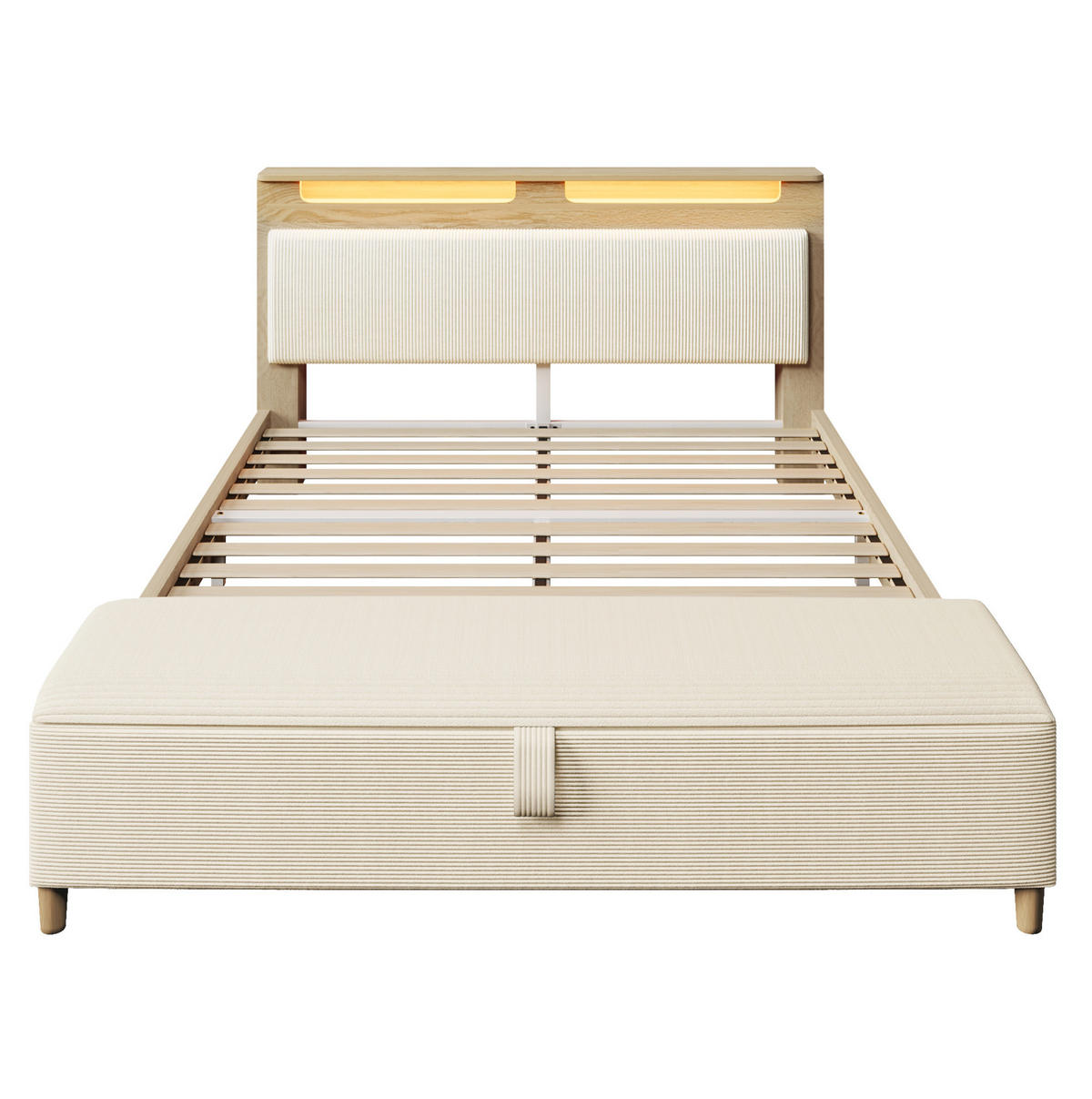 DOPPELBETT 160/200 cm beige/eichefarben aus Cordstoff und Holz mit LED, Stauraum und Bettbank - Beige, Holzwerkstoff (160/200cm) - OKWISH