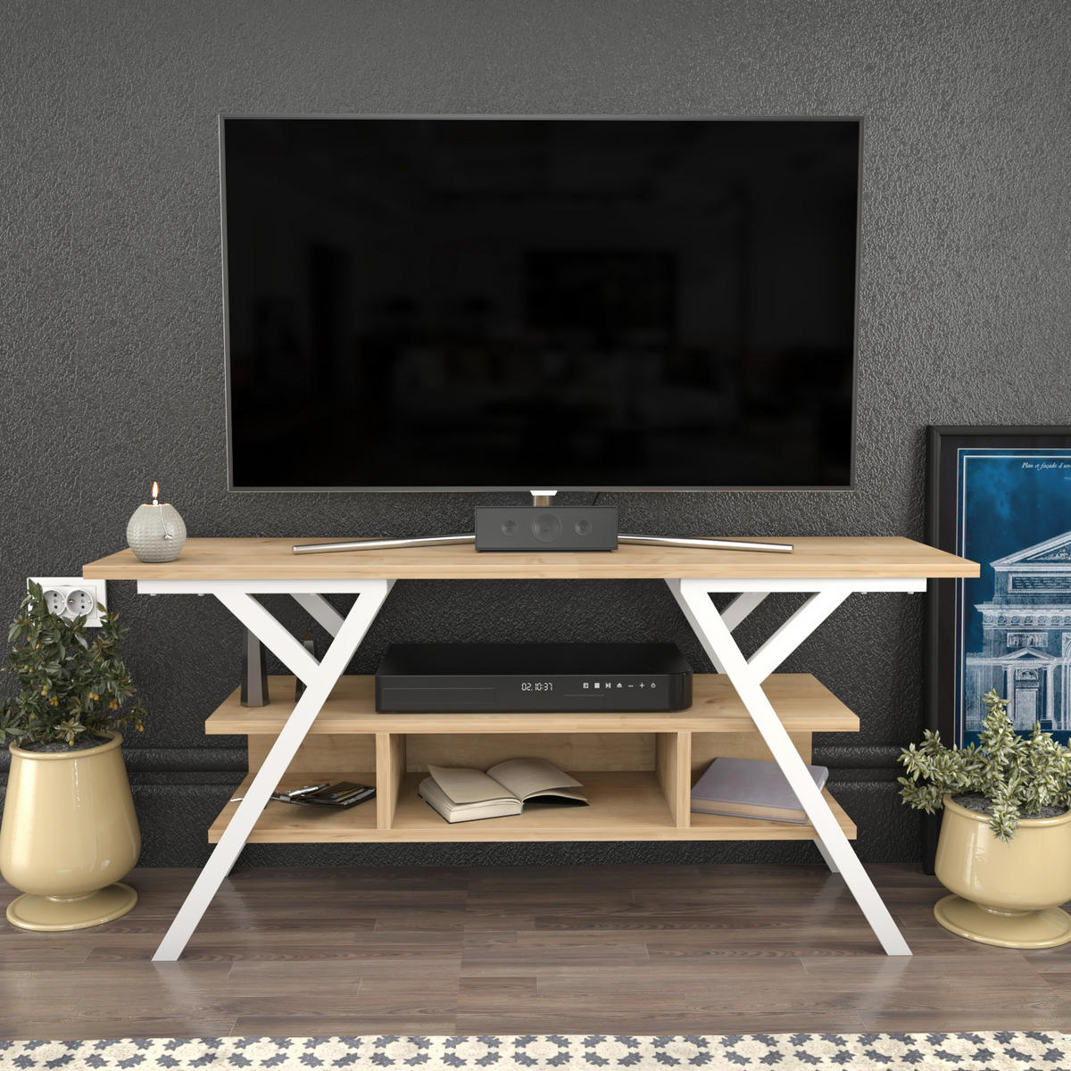 TV Stand Minerva Weiß Eiche - Eichefarben/Weiß, Holzwerkstoff (120/55/35cm) - Decorotika