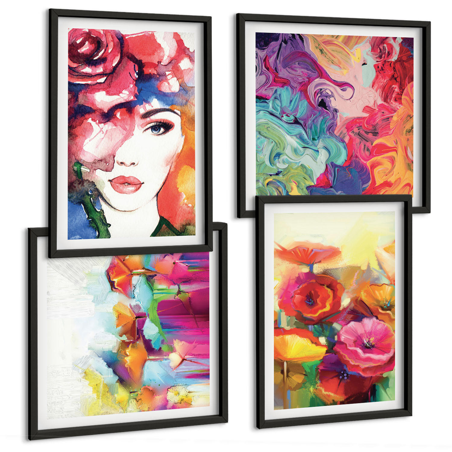 BILDER SET 4er Set - 50x50 cm & 40x60 cm Schwarzer Rahmen - Porträt von Blumen in intensiven Farben - Schwarz, Kunststoff (50/50cm) - TULUP