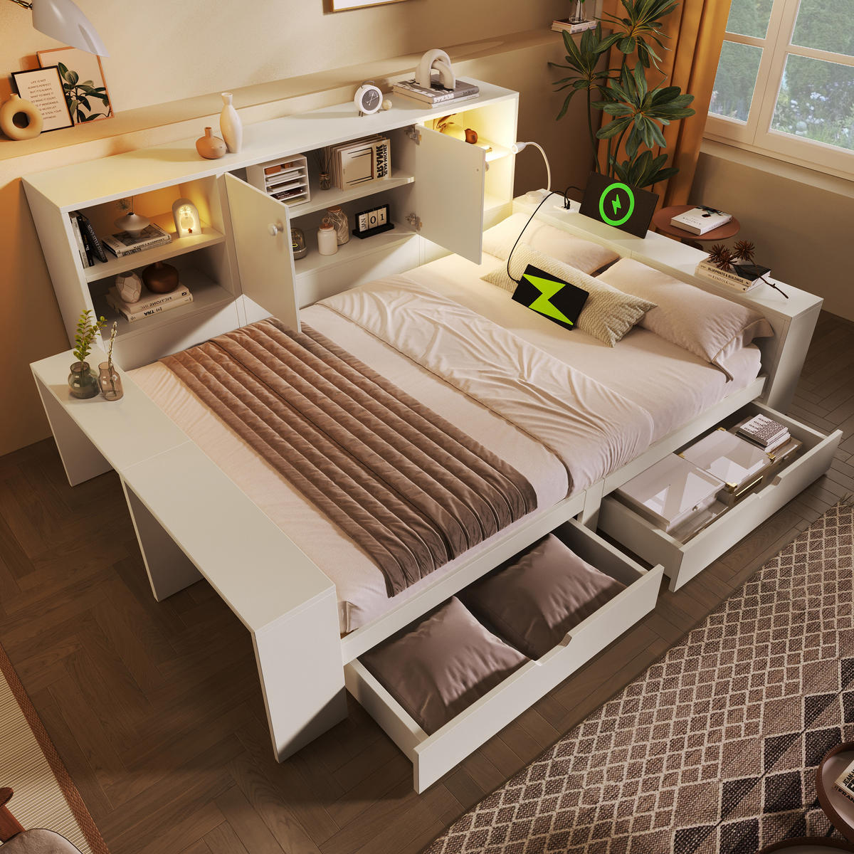 POLSTERBETT 140/200 cm Weiß mit 2 Schubladen, Stauraum, Doppeltüren und USB/USB-C Anschlüssen - Weiß, Holz (140/200cm) - Oxeza