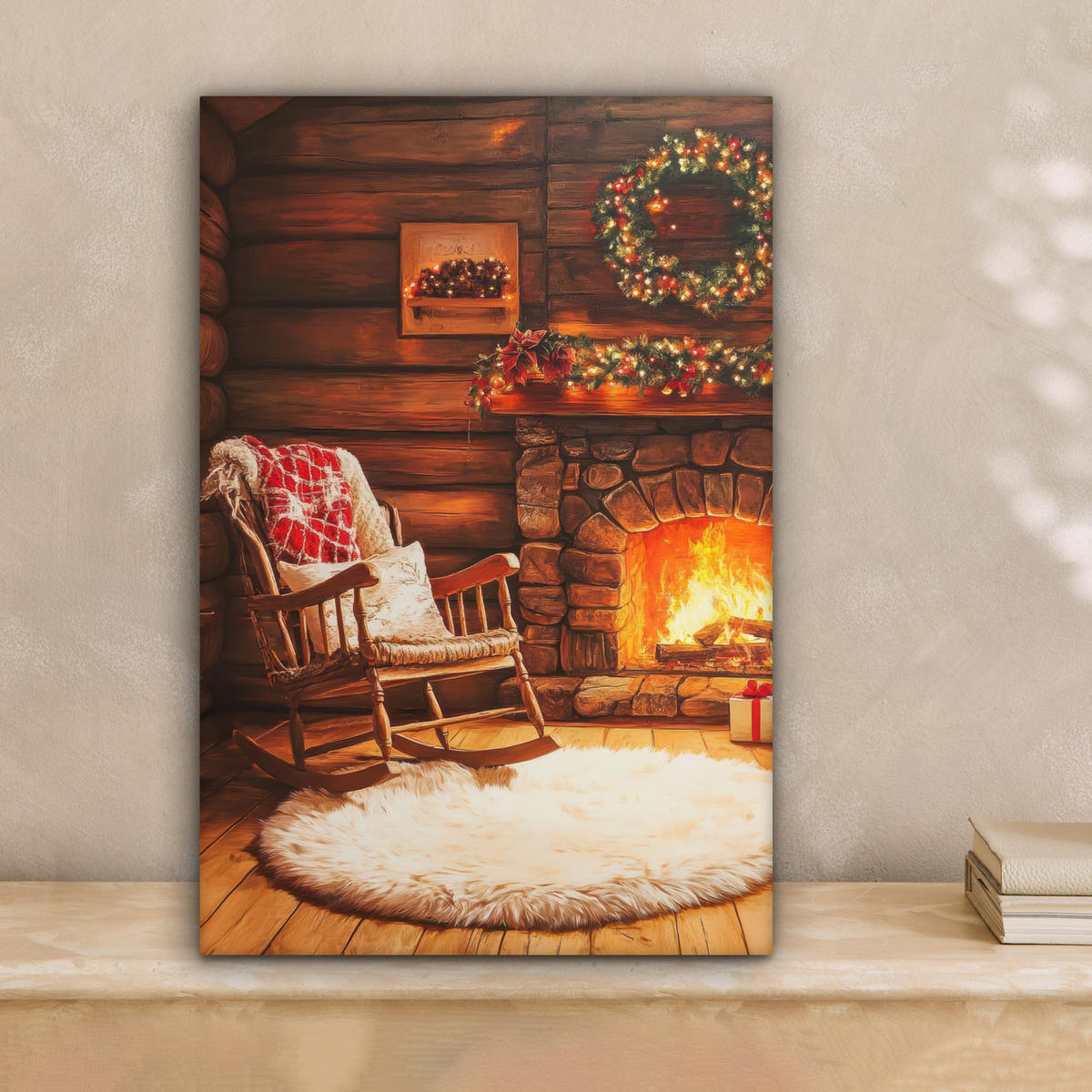 LEINWANDBILD Winter - Weihnachten - Zuhause - Kamin Deko Wohnzimmer 20x30 cm - Bernsteinfarben, Textil (20/30cm) - MuchoWow
