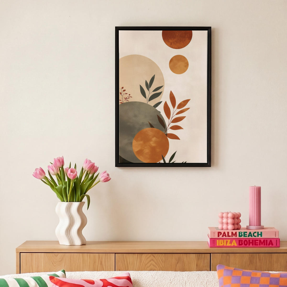 LEINWAND Bilder mit Rahmen - Formen - Rund - Blätter - Beige - 20x30 - Rostfarben, Textil (20/30cm) - MuchoWow