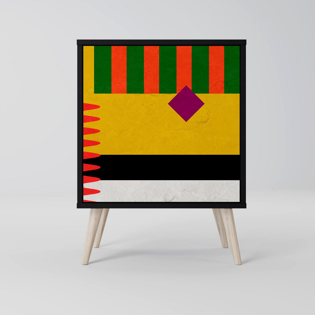 SIDEBOARD VIVID ART, Schwarz, 57,5x42x72,5 cm, Schwarze Metallfüße - Multicolor/Schwarz, Holzwerkstoff/Metall (57.5/72.5/42cm) - SpaceRebels