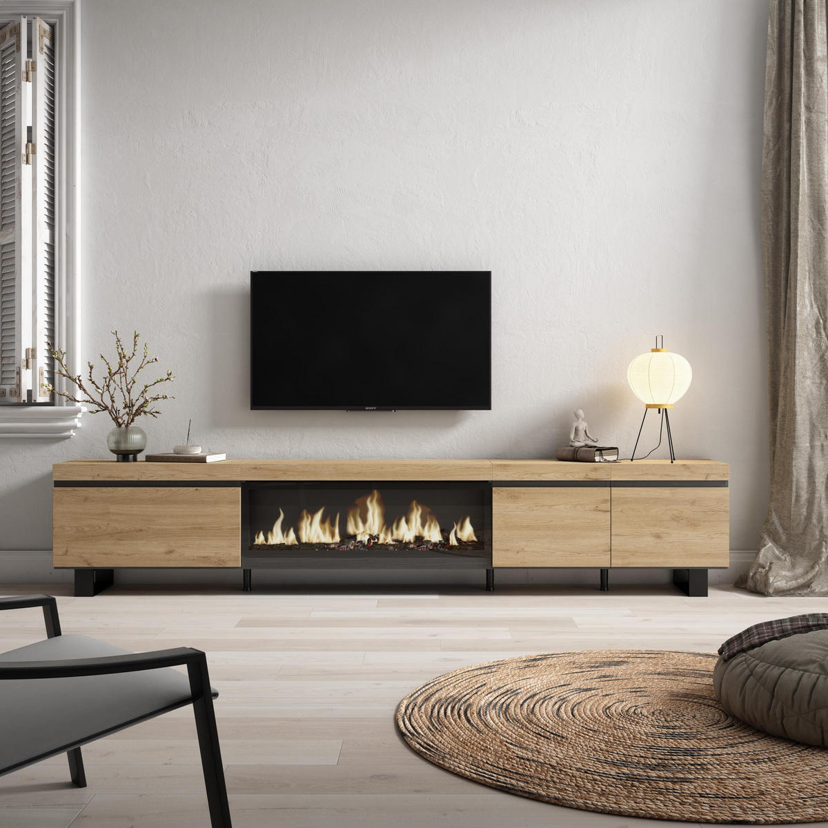 TV-SCHRANK Lowboard, Elektrokamin XXL, eiche, 288/35/57cm - Eichefarben, Holzwerkstoff (288/57/35cm) - Skraut Home