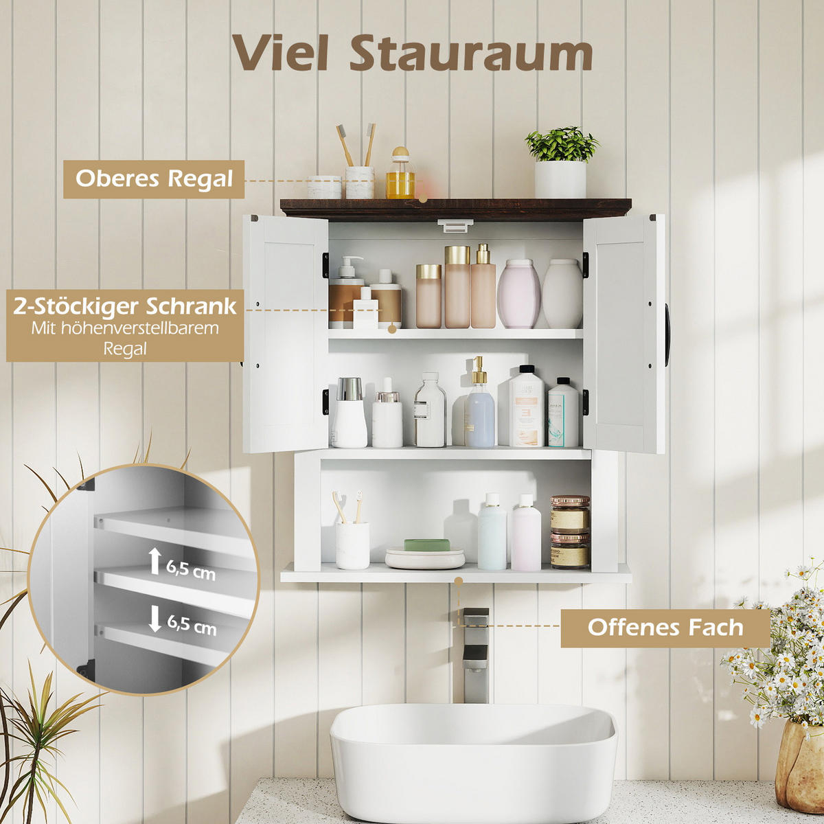 BADEZIMMERSCHRANK hängend weiß - Weiß, Holzwerkstoff (55/60/19cm) - COSTWAY