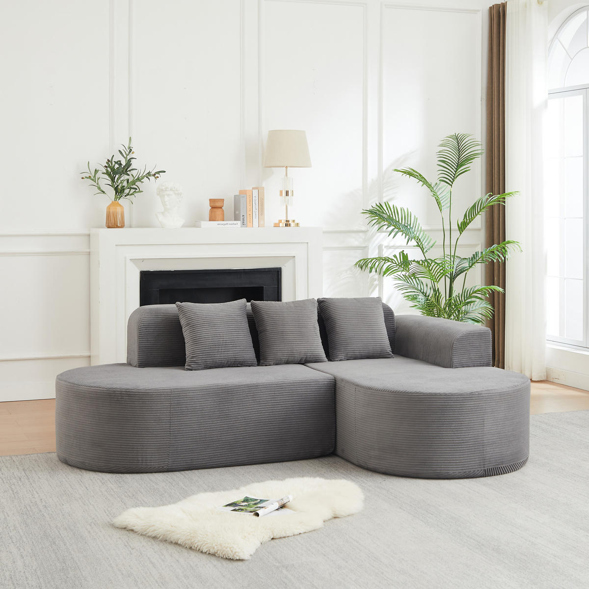 ECKSOFA 220 cm L-Form Cord mit 3 Kissen, linke Chaiselongue, DE-42742, Grau - Grau, Textil (220/155cm) - ComfortXL