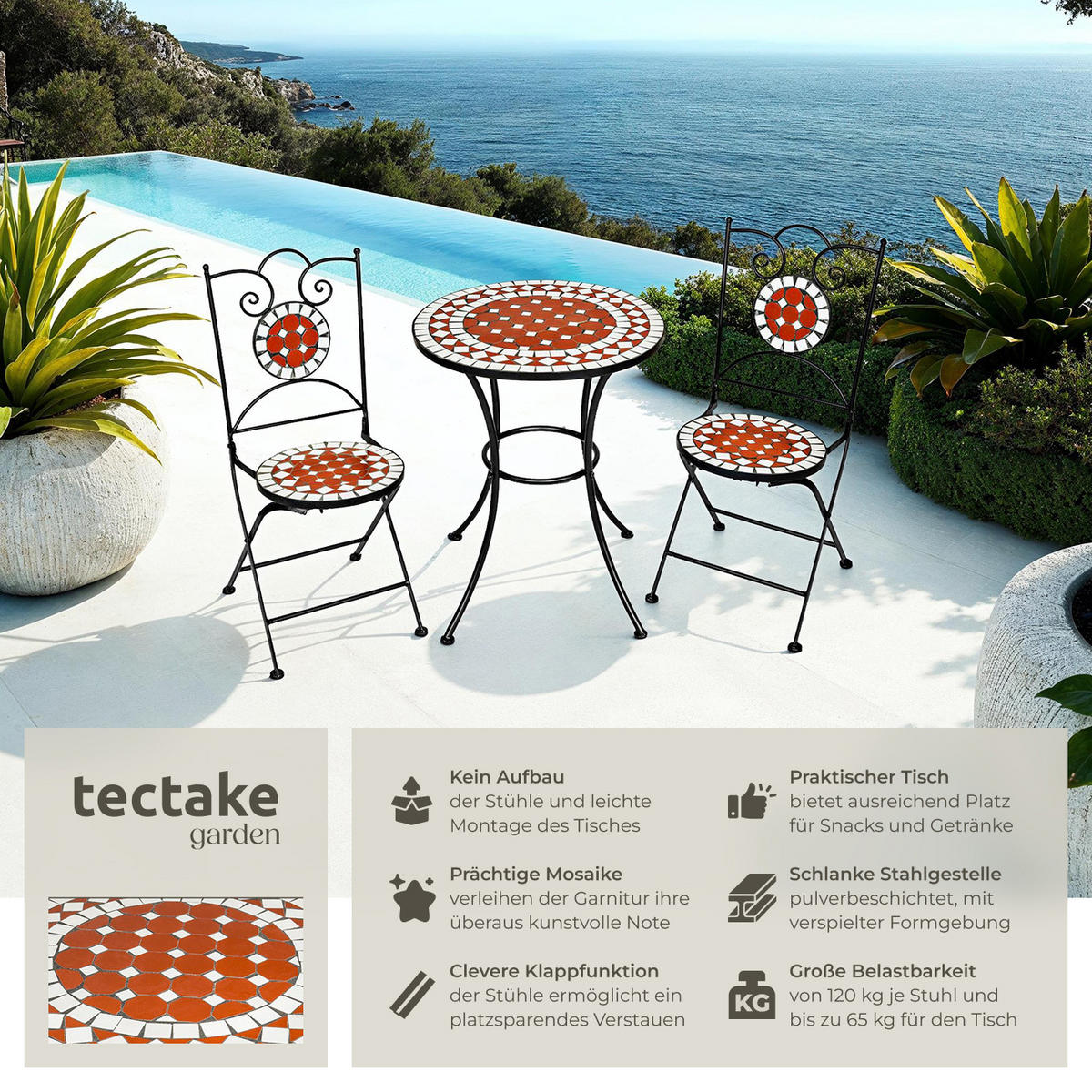 MOSAIK-GARTENGARNITUR Neapel, filigranes Design, braun - Braun, Naturmaterialien/Keramik - tectake