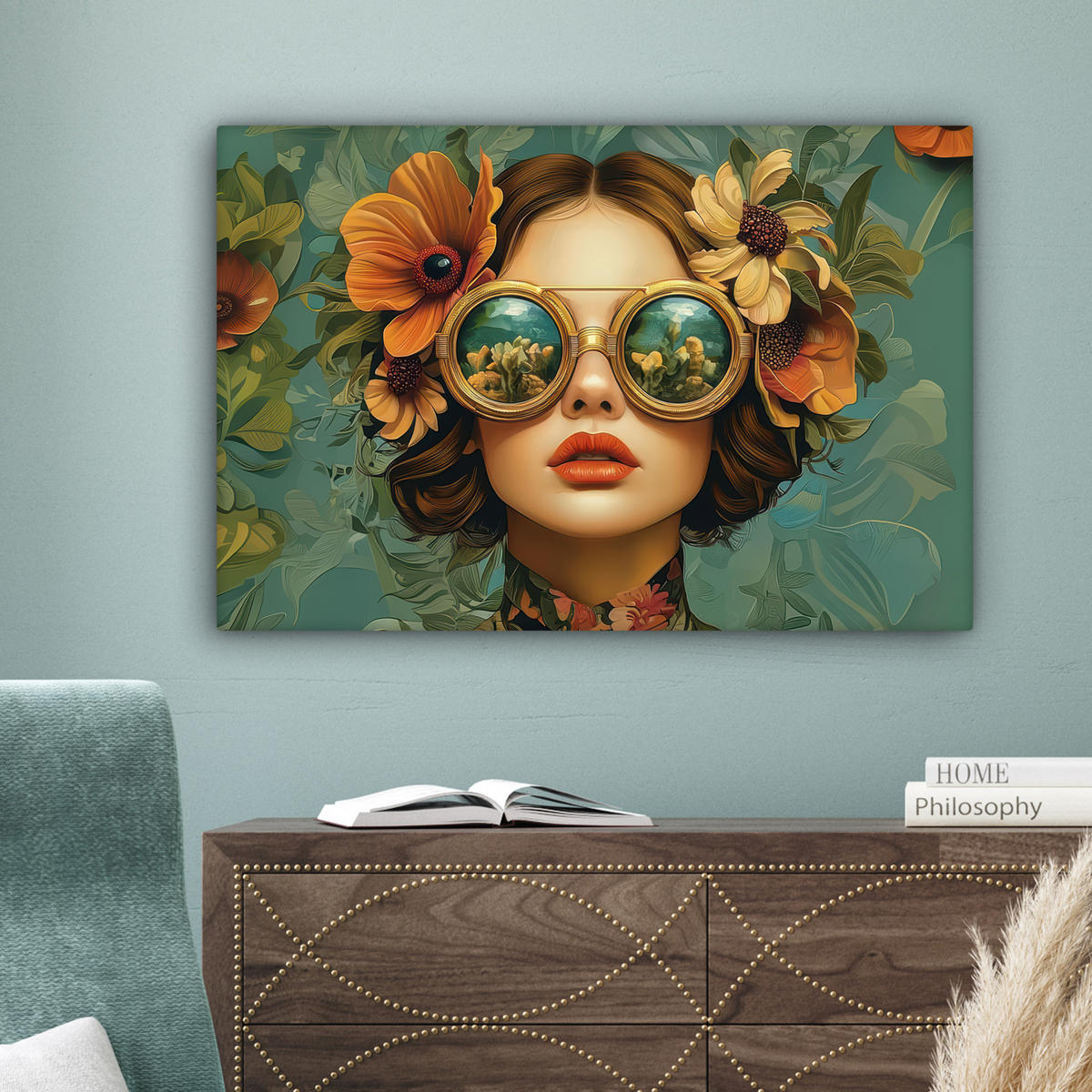 LEINWANDBILD Frau - Blumen - Schmetterlinge - Natur - Vintage Gemälde 60x40 cm - Salbeigrün, Textil (60/40cm) - MuchoWow