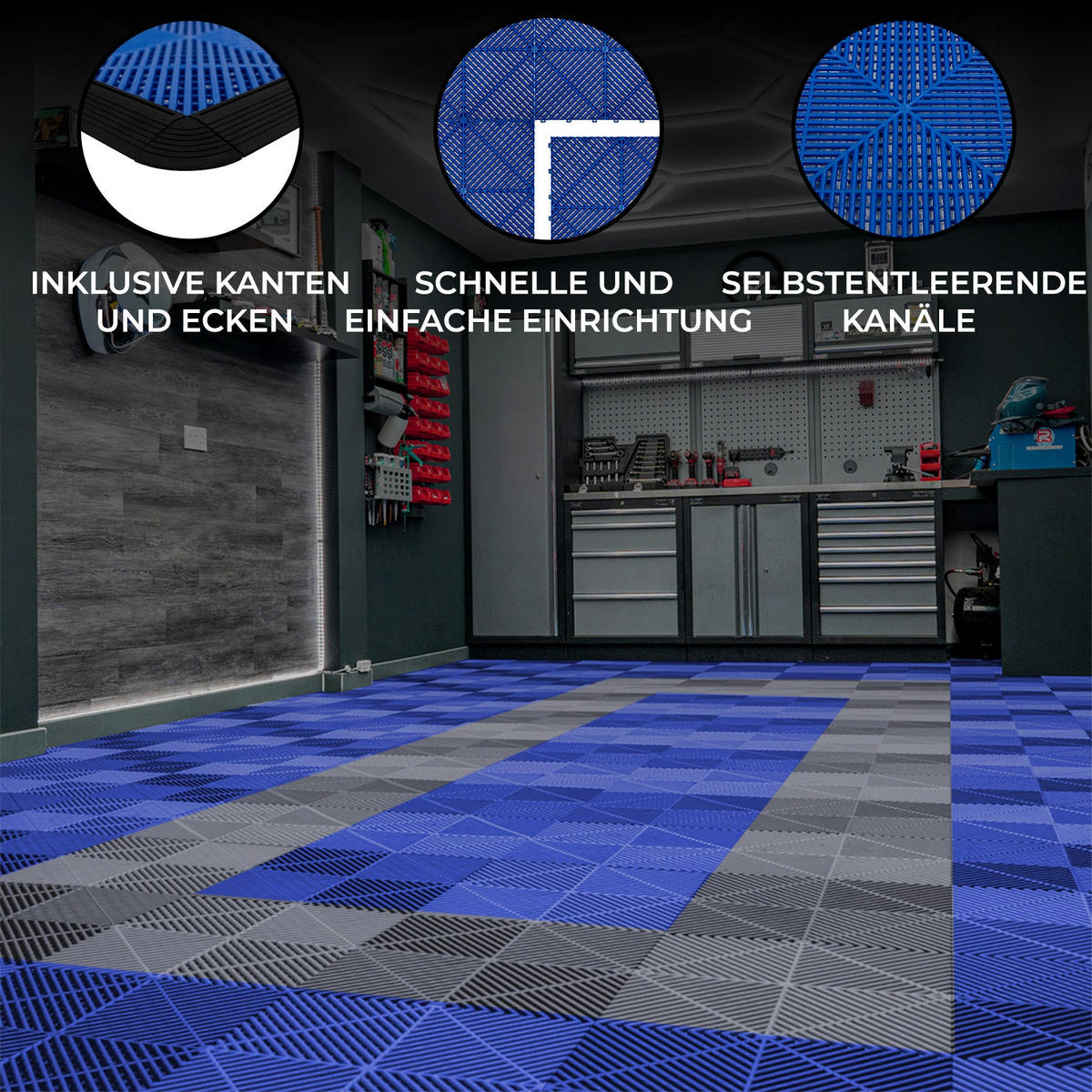 GARAGENBODENFLIESEN Belüftete mit Kanten – 90 Blau und 30 Grau - Blau, Kunststoff (40/1.8/40cm)