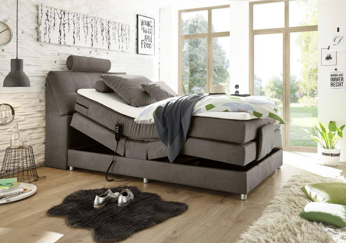 BOXSPRINGBETT inkl. Elektrofunktion, 7-Zonen-Tonnentaschen-Federkernmatratze und Komfort T25 Schaumtopper - Silberfarben/Grau, Holz/Holzwerkstoff (120/200cm) - ed exciting design