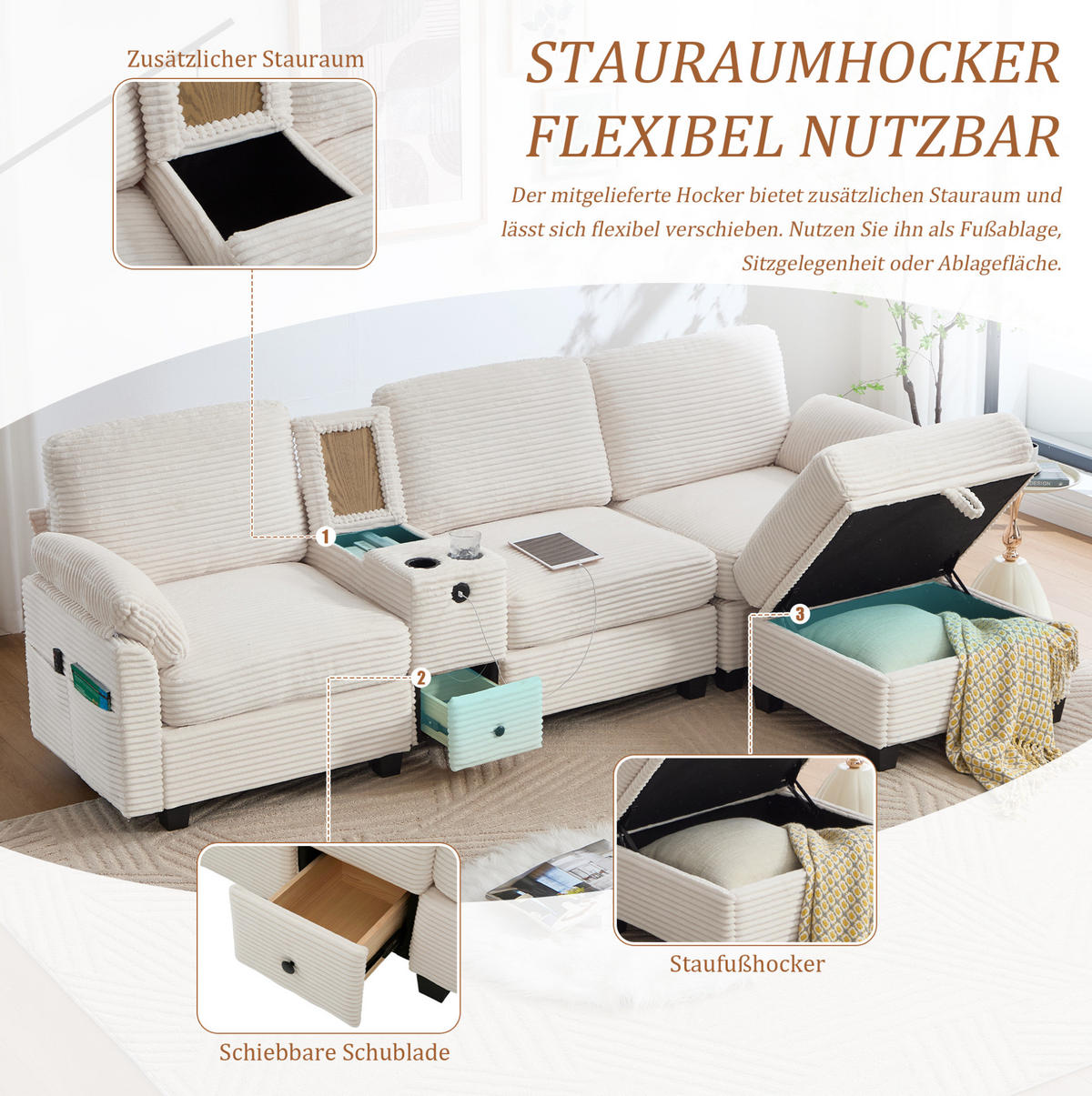 ECKSOFA Cord mit Memory Foam USB-Anschluss und Stauraum 266/136/82 cm Beige - Beige, Textil (136/82/266cm) - Redom