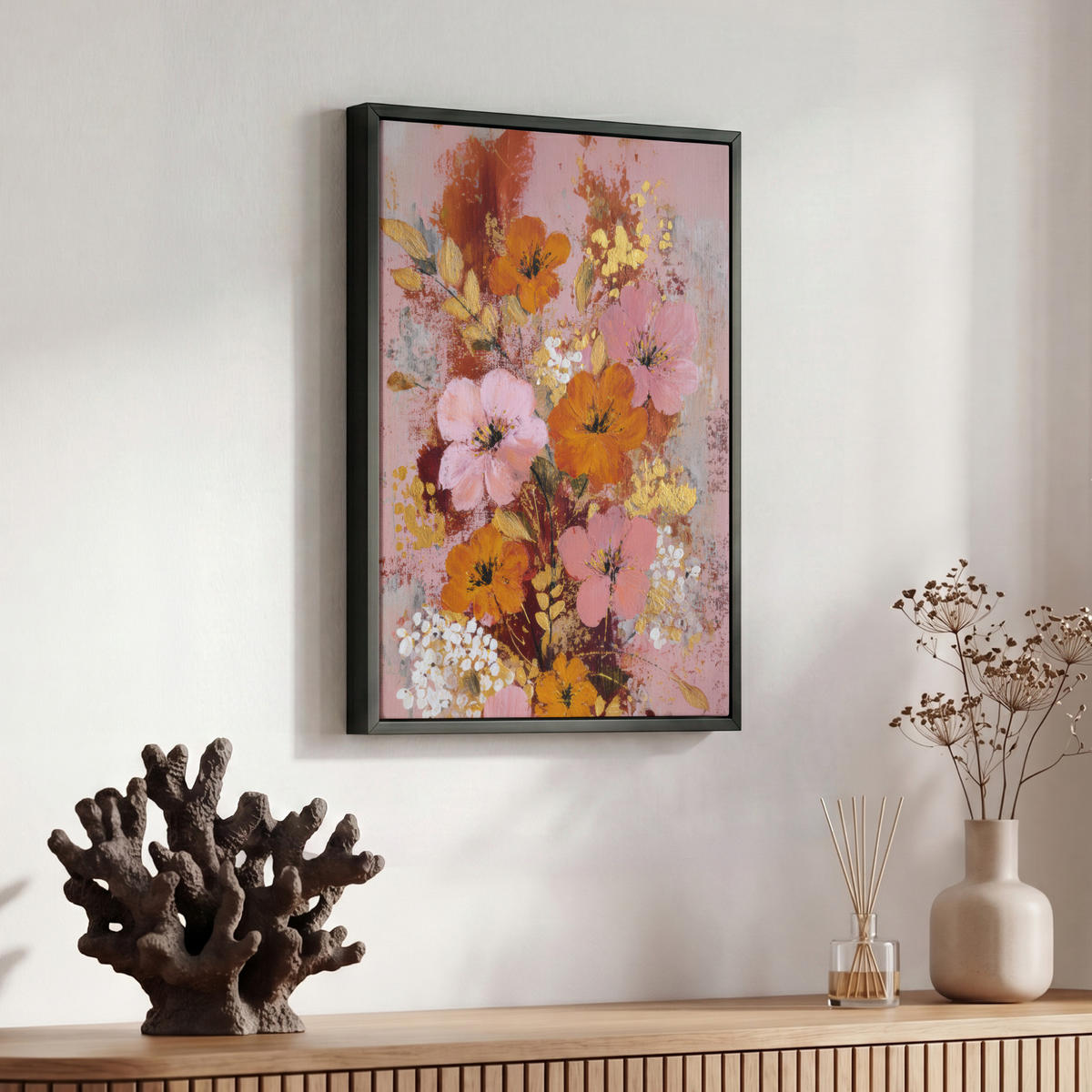 LEINWAND Bilder mit Rahmen - Malerei - Blumen - Rustikal - Rosa - 30x40 - Altrosa, Textil (30/40cm) - MuchoWow