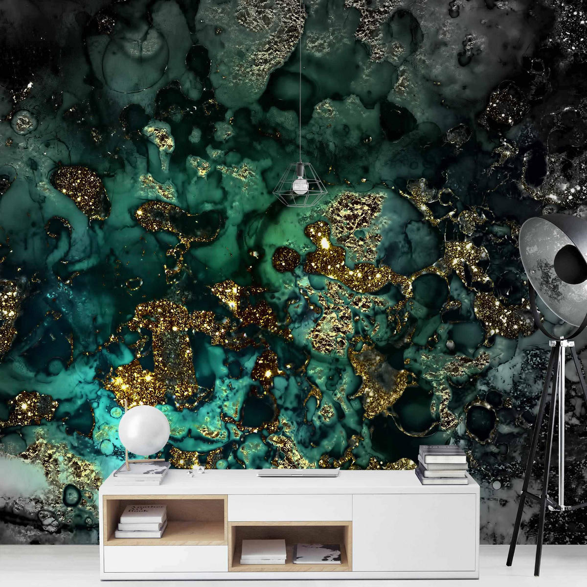 FOTOTAPETE Goldene Meeres-Inseln Abstrakt 192/192 cm - Schwarz, Papier (192/192cm) - Bilderwelten