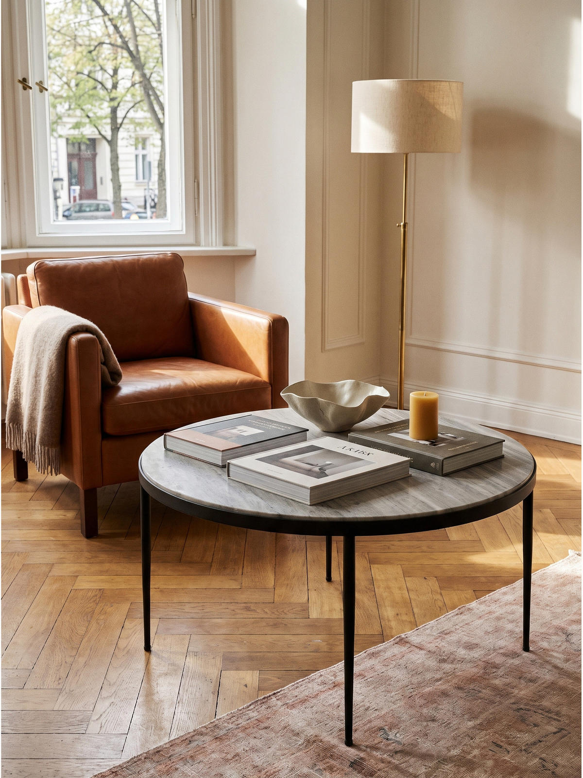 COUCHTISCH OMBRONE, Marmor, Grau-Marmoroptik, Ø 70 x 42 cm - Schwarz/Weiß, Stein/Metall (70/70/42cm) - KADIMA DESIGN