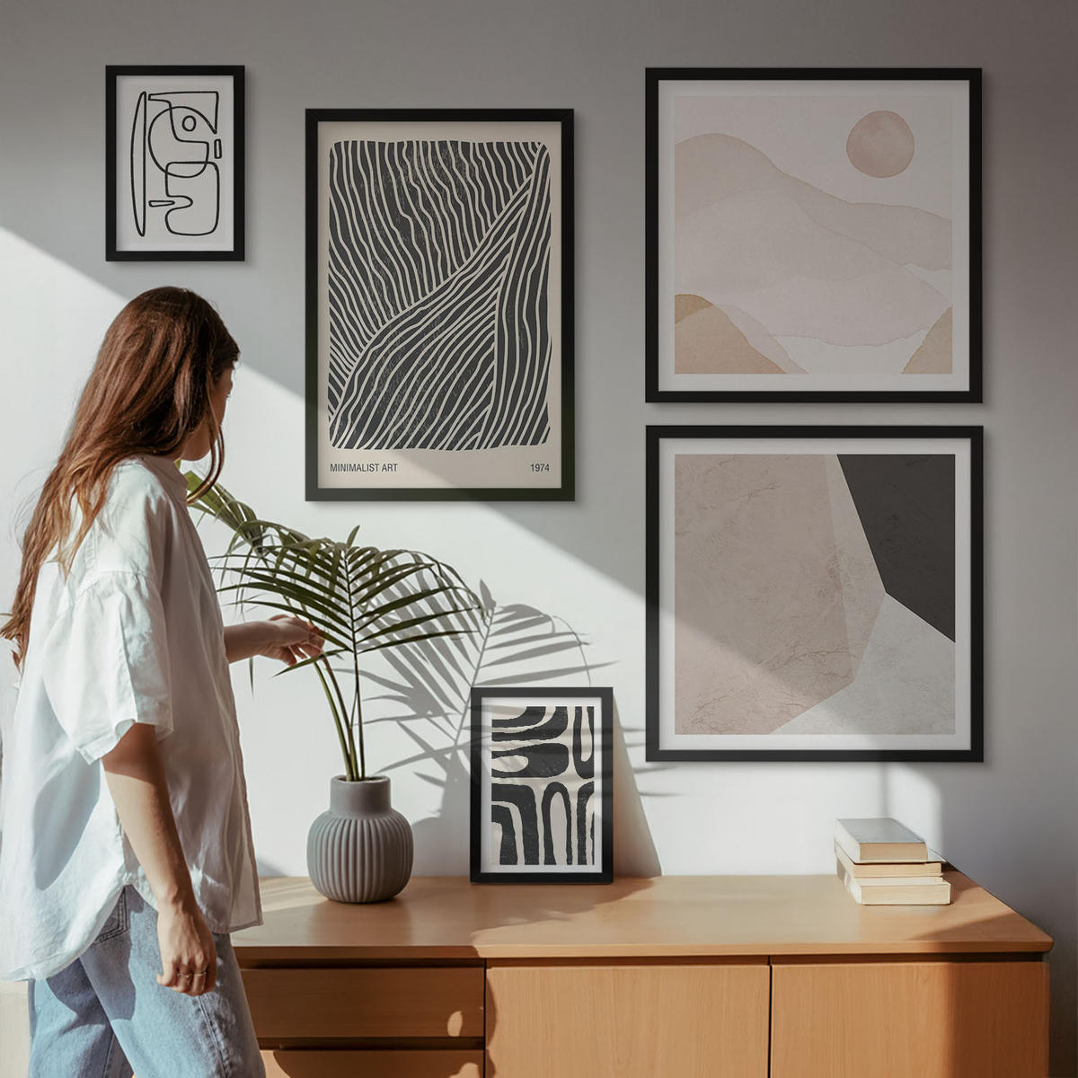BILDER SET 5er Set - 50x50 cm & 20x30 cm & 40x60 cm Schwarzer Rahmen - Abstrakte Muster mit Linien - Schwarz, Kunststoff (40/60cm) - TULUP