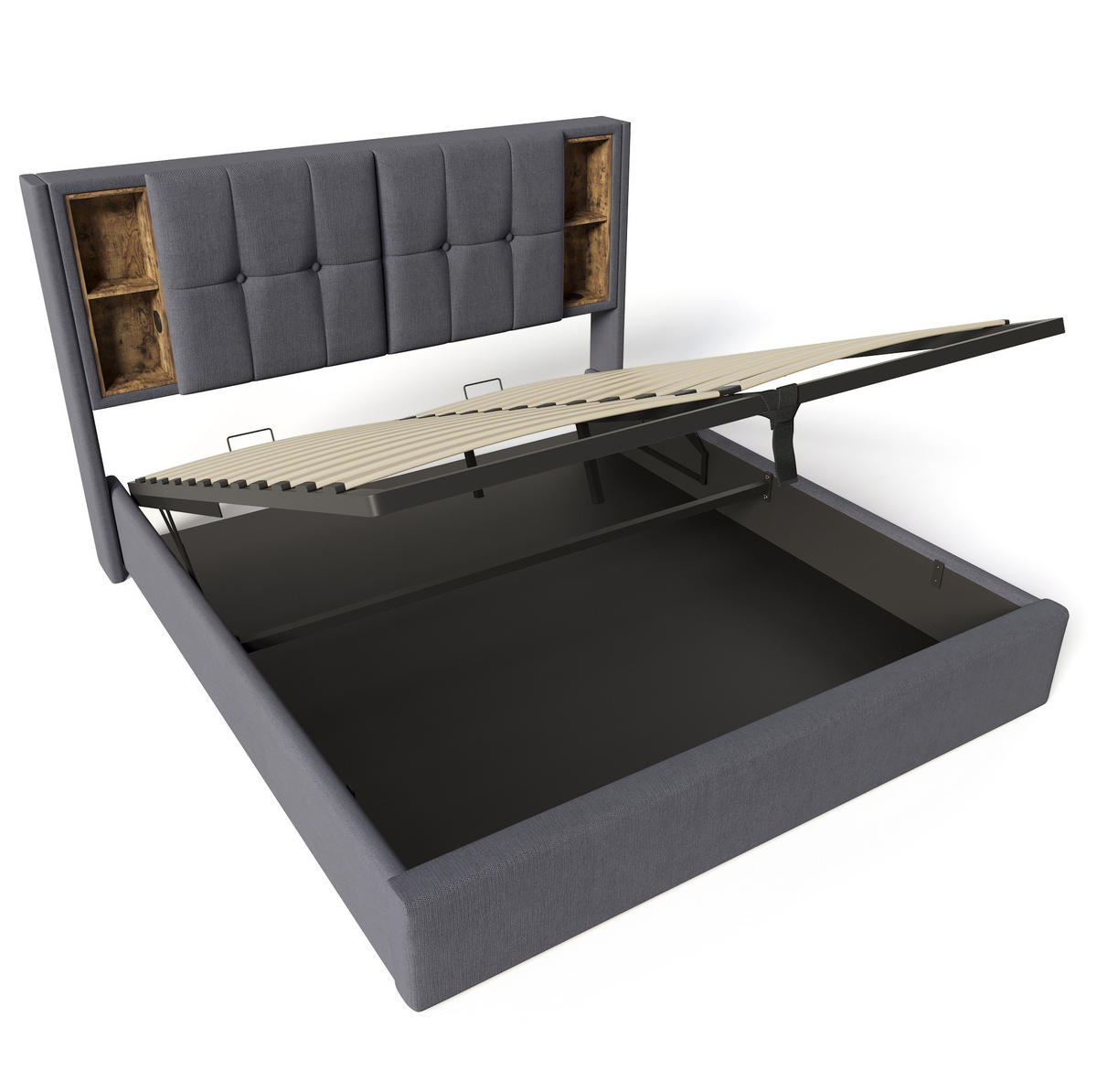 POLSTERBETT 140/200 cm mit kabellosem Laden, USB-C, Bettkasten und Kopfteilablagen, Grau - Grau, Textil (140/200cm) - Redom