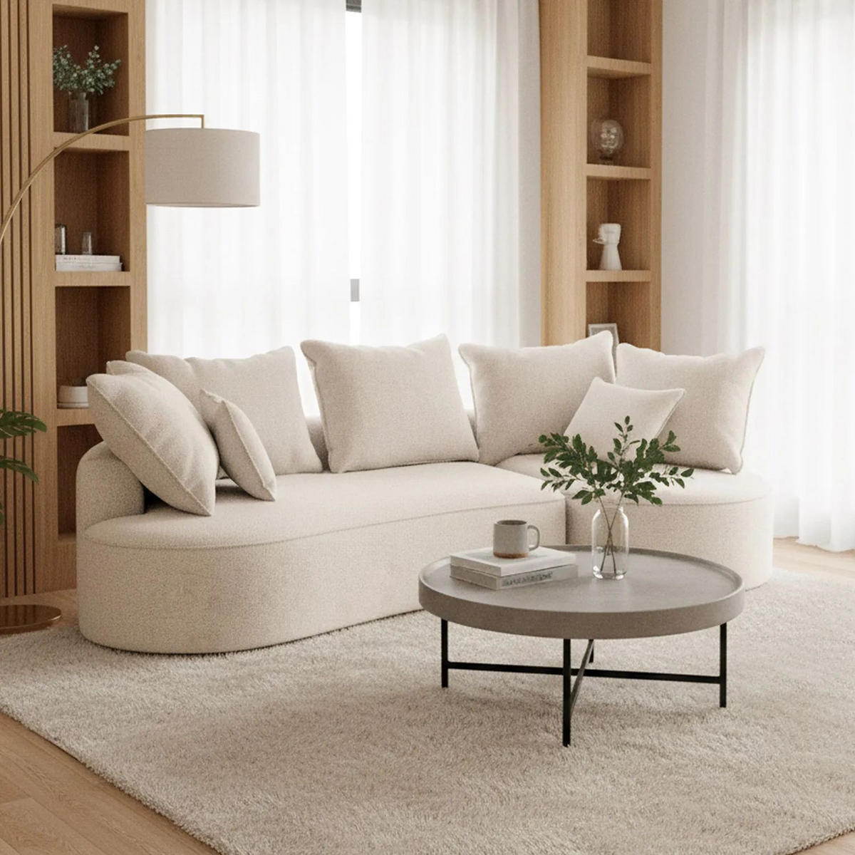 SOFA Tirano Bouclé Creme mit Ottomane rechts - Creme, Textil (300/102cm) - Juskys