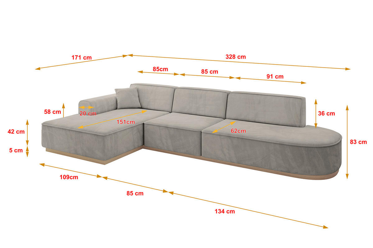 ECKSOFA Ottomane Links IREA-L2 - 328x171x83 cm Hellbraun - Hellbraun, Holzwerkstoff/Textil (328/171cm) - ALTDECOR