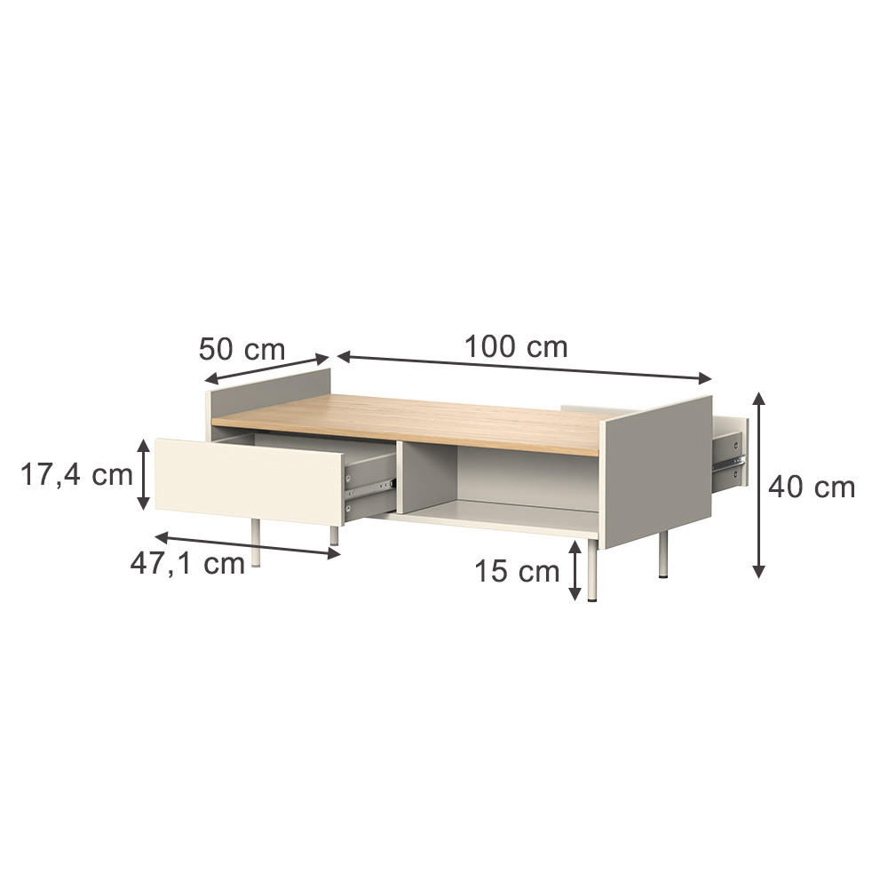 COUCHTISCH Velina Creme 100 x 50 cm mit 2 Schubladen - Eichefarben/Creme, Holzwerkstoff (50/100/40cm) - Vicco