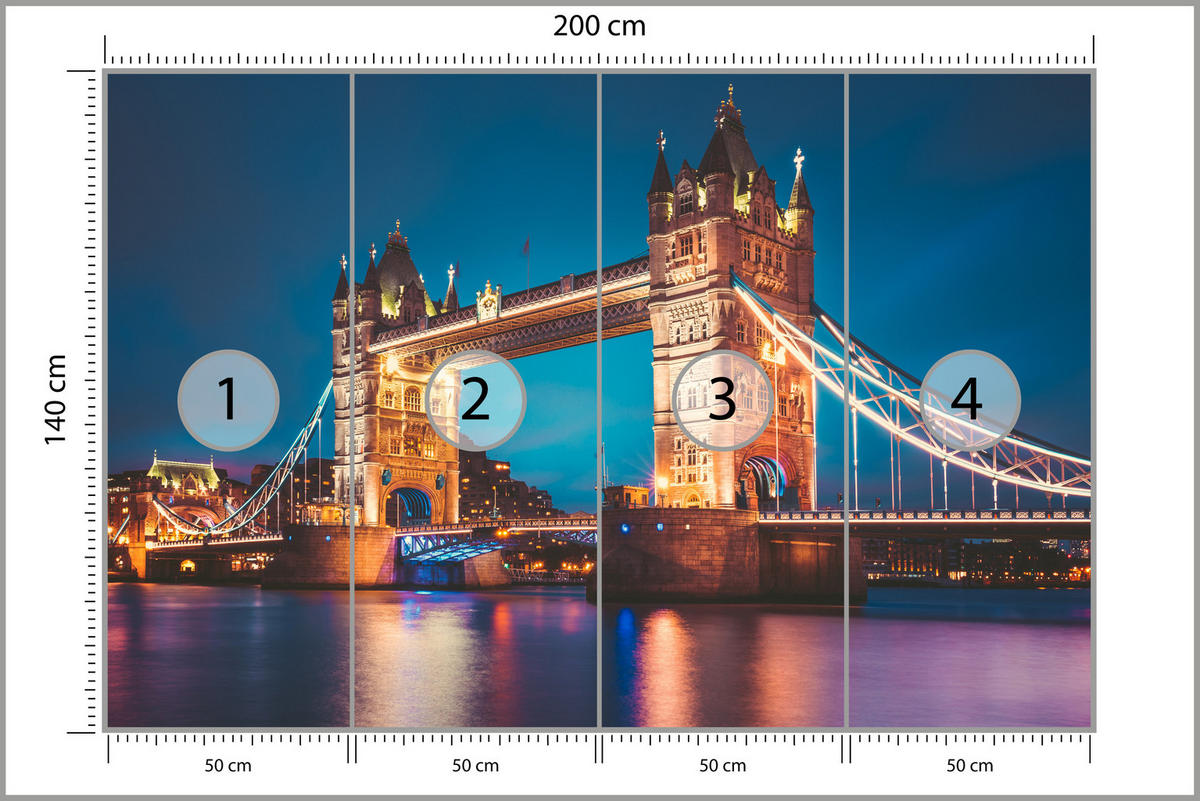FOTOTAPETE für Wohnzimmer Tower Bridge London Thames Panorama 200x140 - Gelb/Rot, Papier (200/140cm) - Muralo