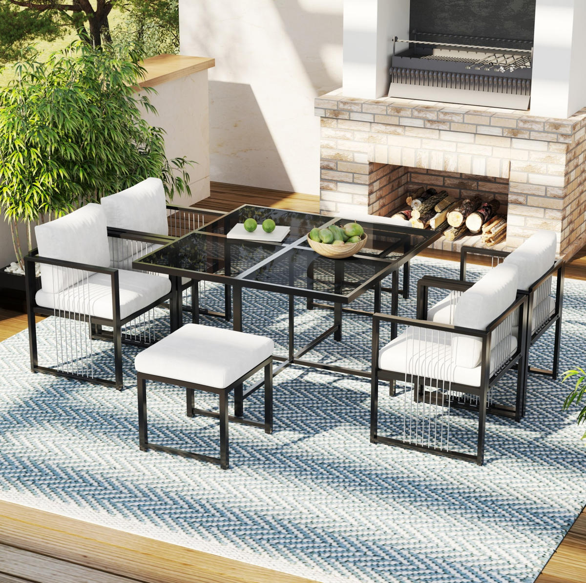 ZAHRADNÍ jídelní set z kovu a skla 117x117x73 cm černobílý pro 6 osob s odolnou konstrukcí - černá, kov - Modfu