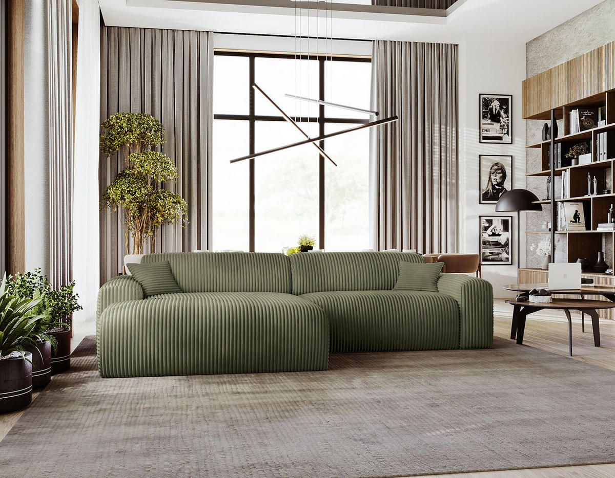 ECKSOFA mit Longchair - Cord - Schwarz/Grün, Kunststoff/Textil (284/178cm) - home24