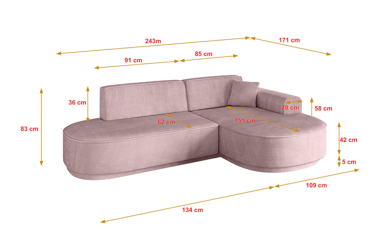 ECKSOFA Ottomane Rechts MARI-L1-v3 - 243x171x83 cm Rosa Cord - Schwarz/Rosa, Holzwerkstoff/Kunststoff (171/243cm) - ALTDECOR