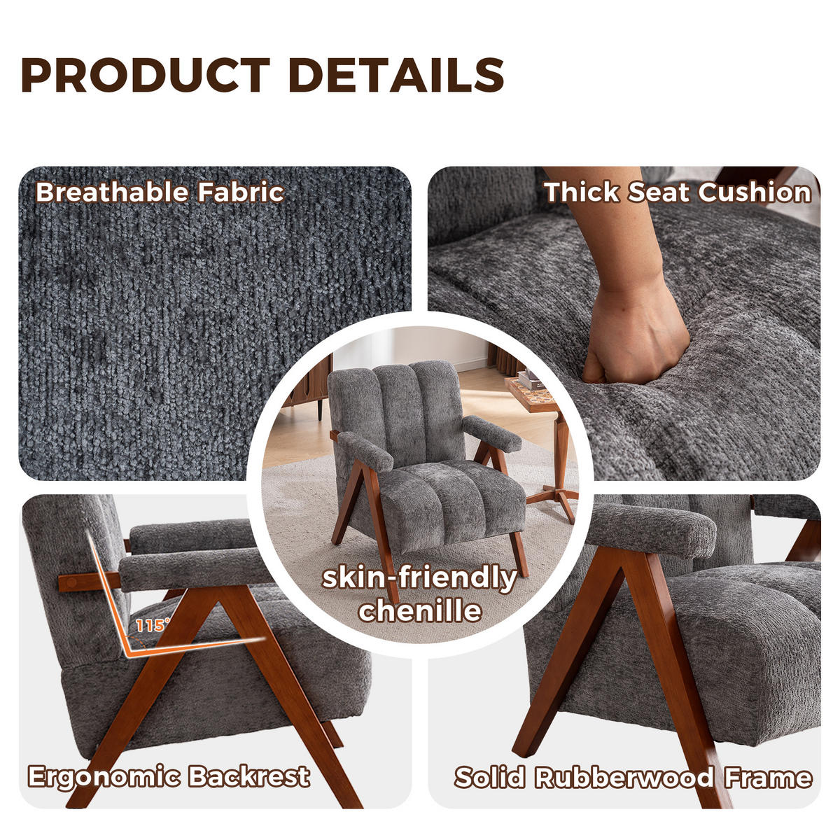 SESSEL Bouclé mit Massivholz-Rahmen Armlehnenstuhl - Grau, Textil (77/77/68.5cm) - Urban Meuble