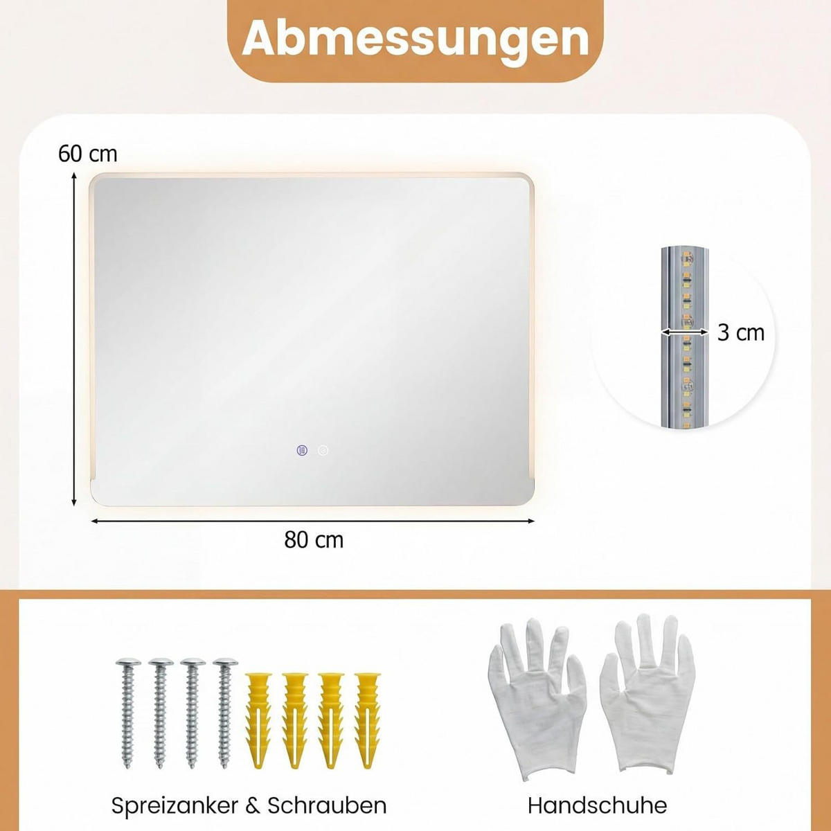 BADSPIEGEL mit Beleuchtung silber - Silberfarben, Glas (80/60/3cm) - COSTWAY