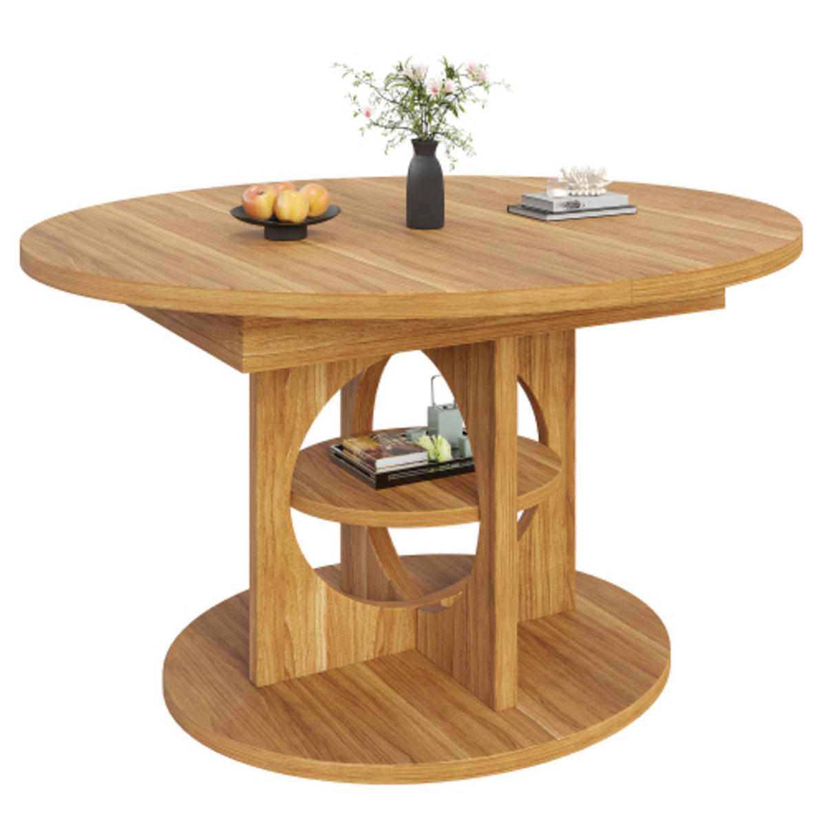 ESSTISCH Ausziehbarer 110-150×110×76 cm aus MDF und Metall mit mittlerem Ablageregal, naturfarben - Naturfarben, Holzwerkstoff (150/110/76cm) - Luhomfu