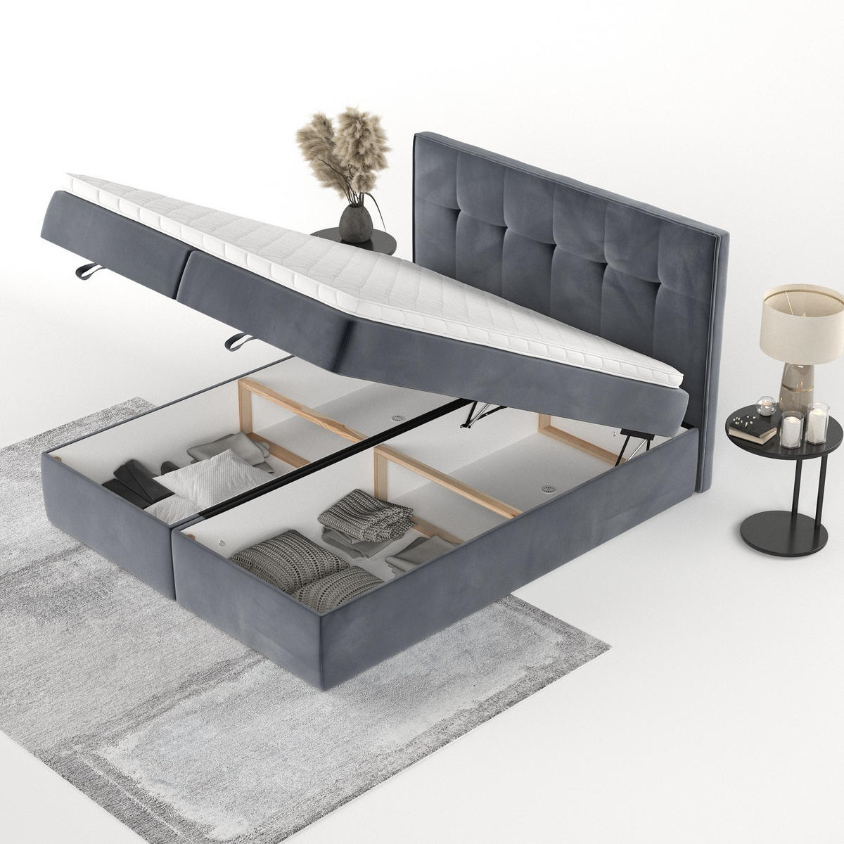 BOXBETT Tivra 140/200 cm Dunkelgrau im Kronos Stoff - Dunkelgrau/Schwarz, Holz/Holzwerkstoff (140/200cm) - AltaBeds