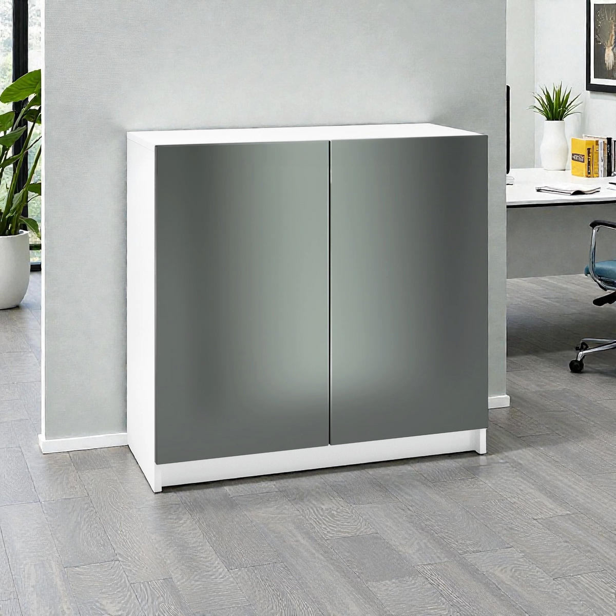 KOMMODE Elona, Büroschrank mit Soft-Close & Push-to-Open, Aktenschrank, Home Office & Büro, Weiß/Anthrazit matt, 82 x 78 x 37 cm - Anthrazit, Holzwerkstoff (82/78/37cm) - InnoFurn