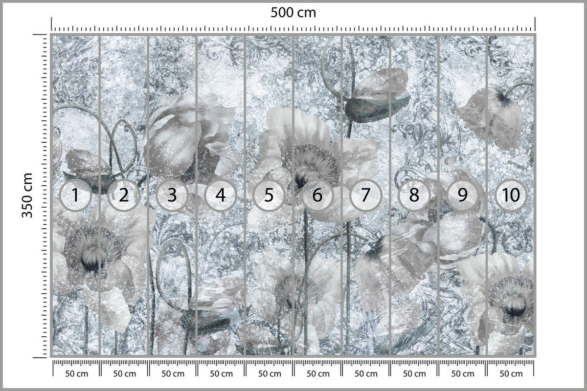 FOTOTAPETE für Wohnzimmer Grau Mohnblumen Beton Blumen Blätter 500x350 - Grau, Papier (500/350cm) - Muralo