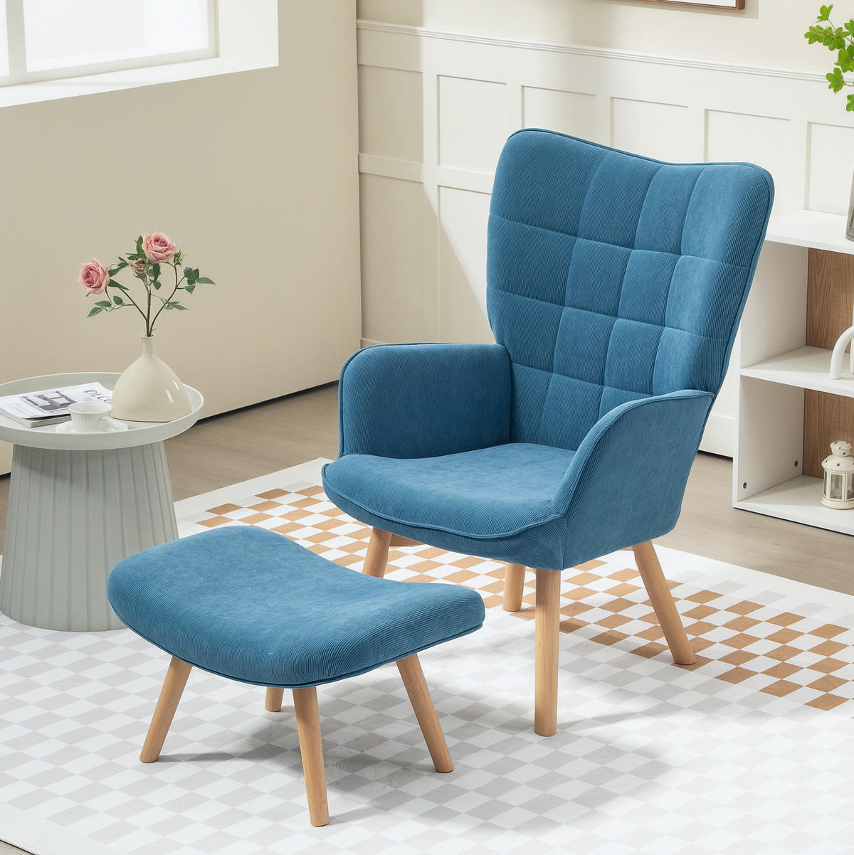 SESSEL-SET 72/80/101 cm in Blau mit Hocker und Cord-Optik - Blau, Textil (72/101/80cm) - BEAOK