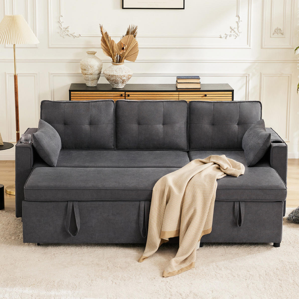 SOFA L-Form Schlaffunktion Stauraum Getränkehalter Austauschbar Modern - Grau, Holz (74/44/62cm) - FLIEKS