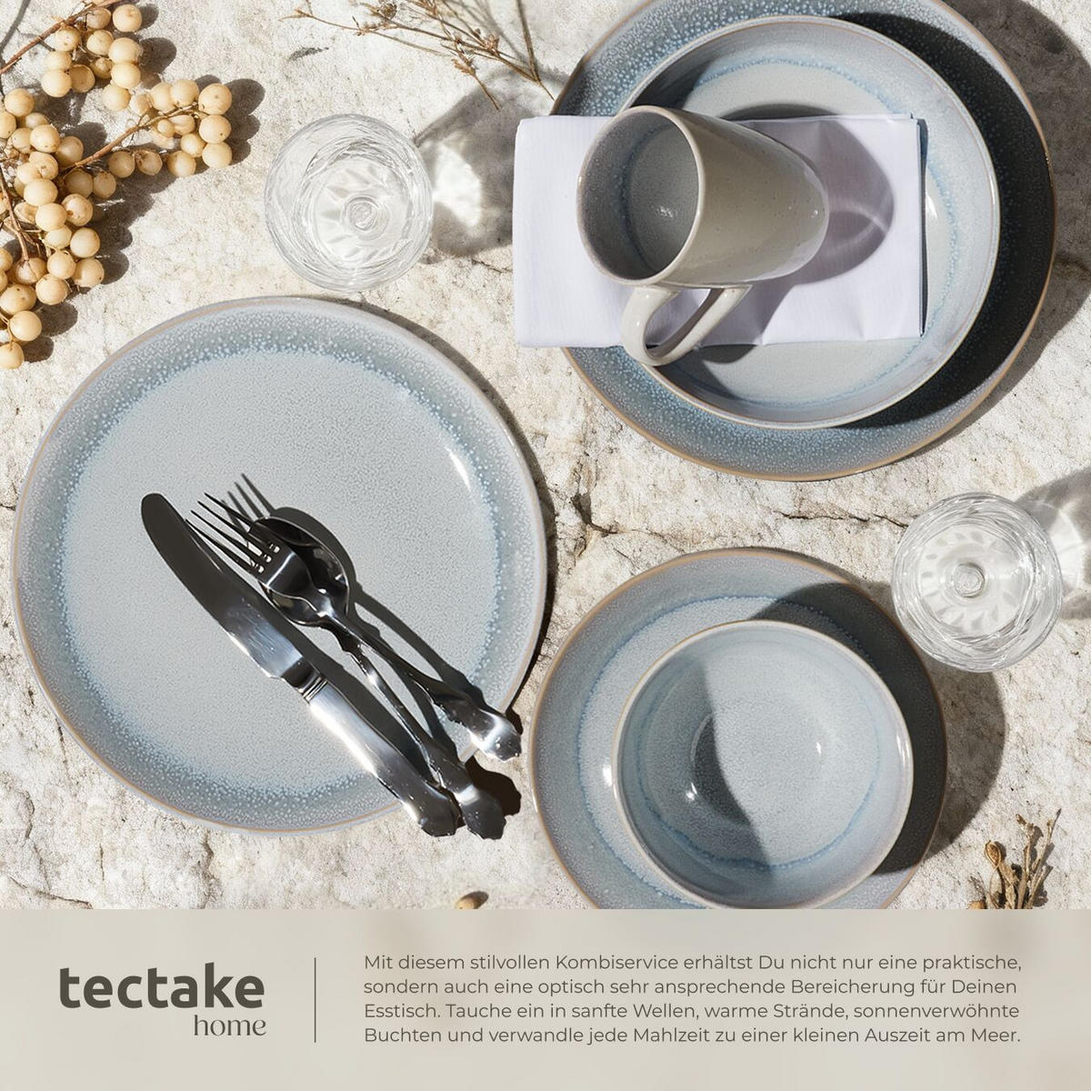 KOMBISERVICE Mare, ineinander stapelbar, Sand - Sandfarben, Keramik (26.5/2.5/26.5cm) - tectake