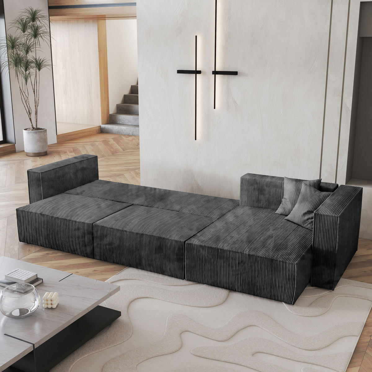 ECKSOFA TOLMO P Graphitfarben Kordstoff mit Schlaffunktion - Graphitfarben, Holz (347/148cm) - MASSENO