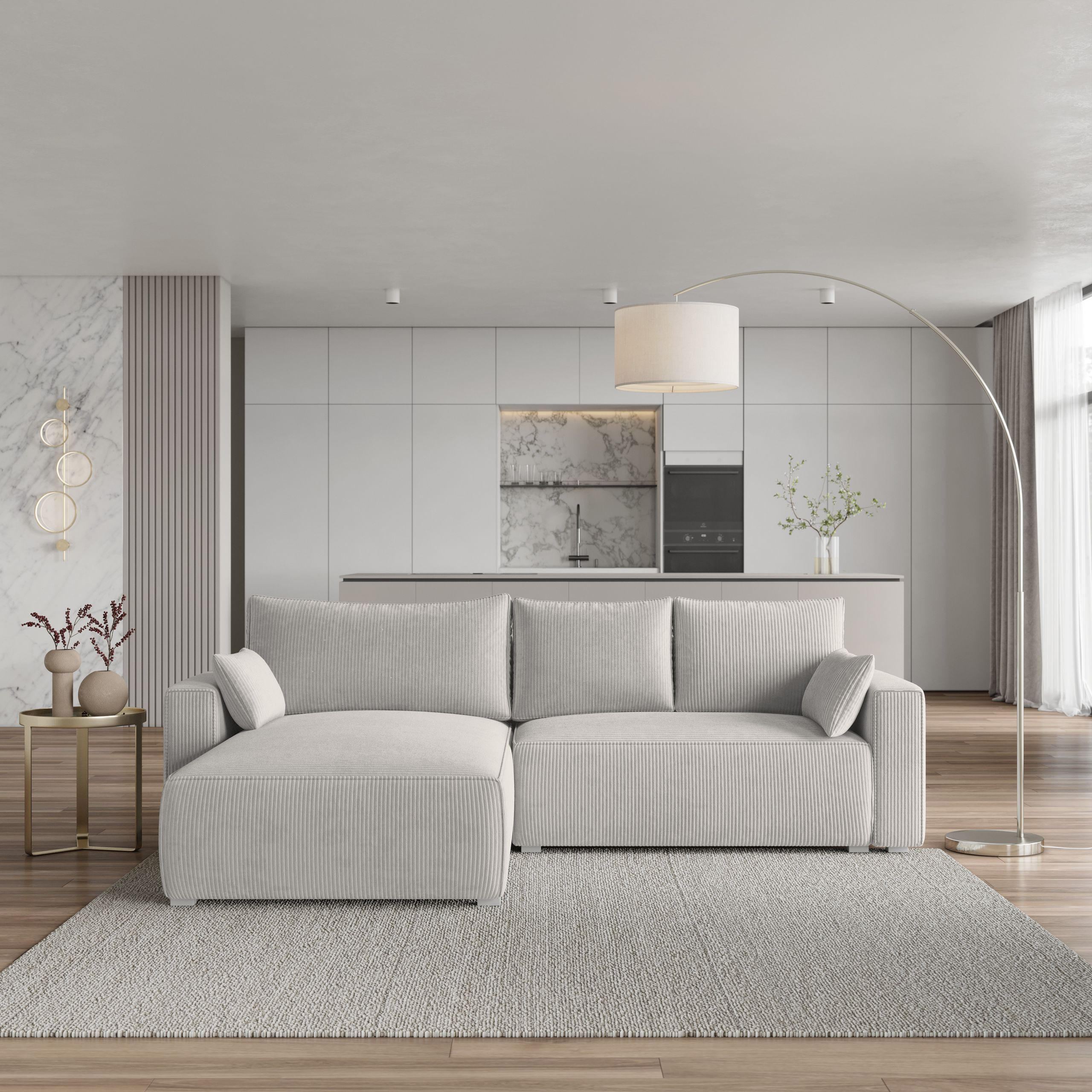 ECKSOFA FORIL P Creme Kordstoff mit Schlaffunktion - Creme, Holz (265/178cm) - MASSENO