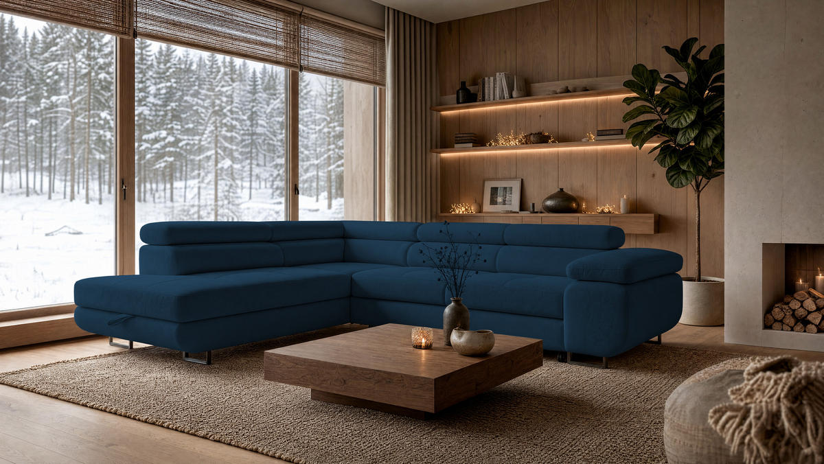 ECKSOFA Velmo mit Bettkasten und Schlaffunktion, verstellbaren Kopfstützen, in L-Form - Blau, Textil (275/203cm)