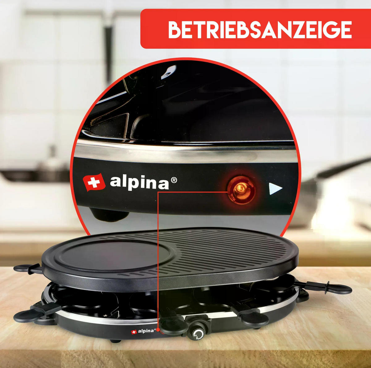 RACLETTEGRILL Gourmet Partygrill, 8 Personen, 1200W Elektrogrill, Antihaft Grillplatte, Abnehmbar, Tischgrill Indoor, Raclette Set Pfännchen - Schwarz, Metall (32/12/47.5cm) - Alpina