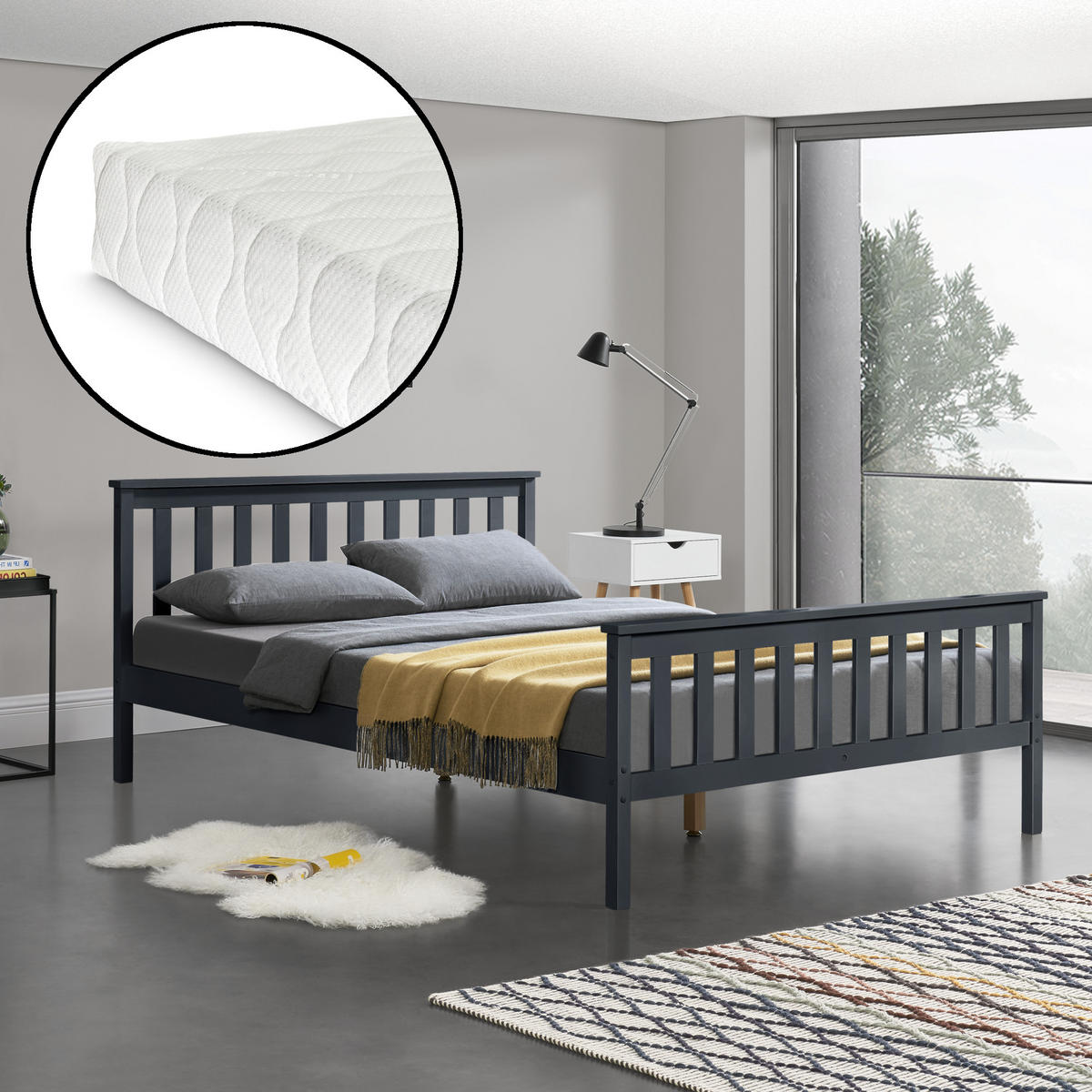 HOLZBETT mit Matratze - Dunkelgrau, Holz/Textil (180/200cm) - [en.casa]