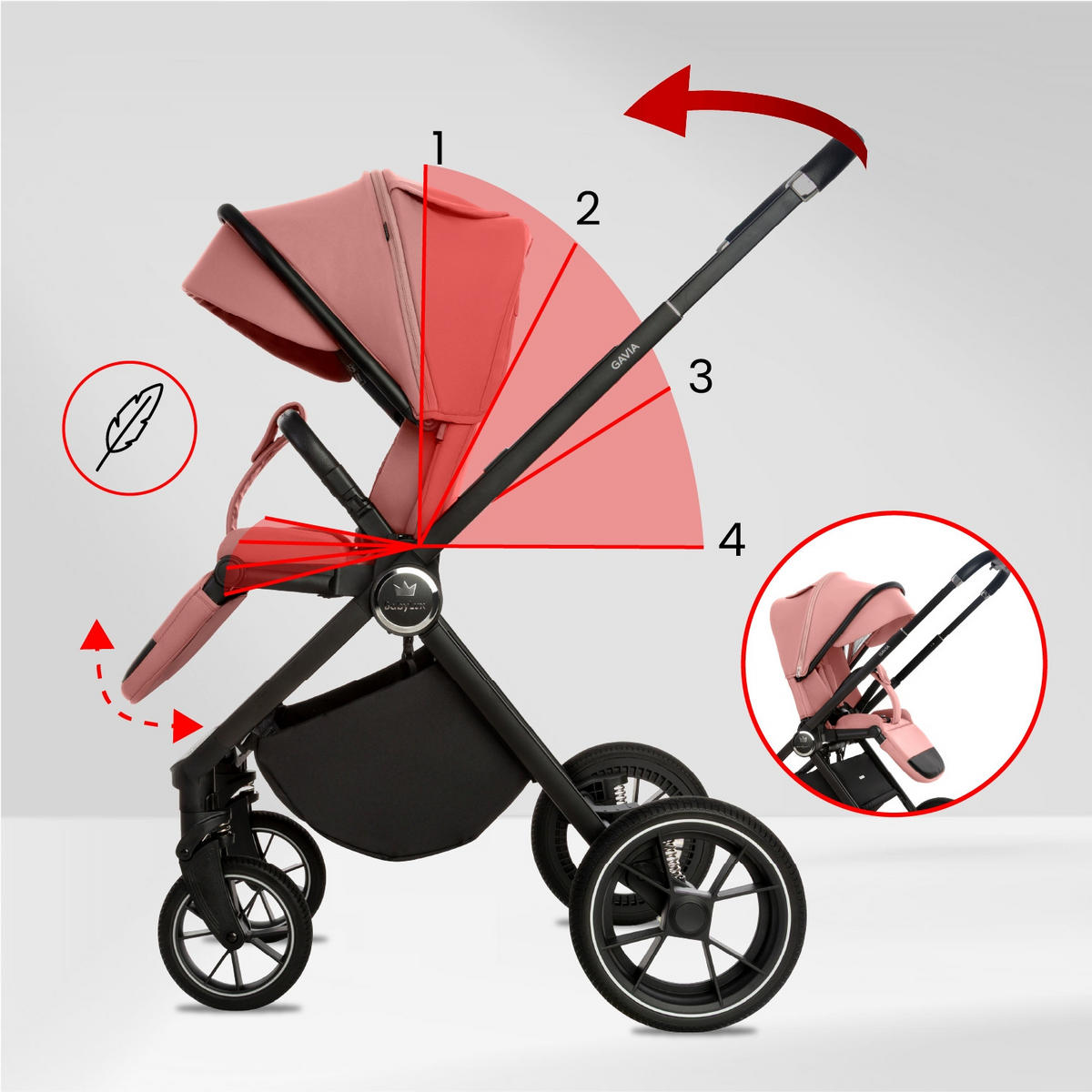KINDERWAGEN Gavia 4in1 Olive Babywanne, Reisebuggy, Autositz, Isofix Basis - Schwarz/Rosa, Textil/Metall (58/98cm) - BabyLux