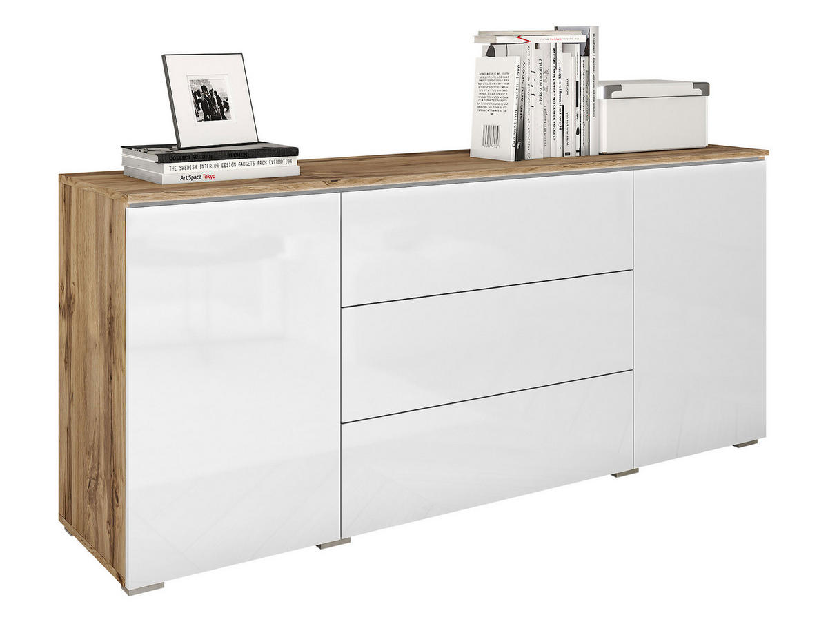 SIDEBOARD Vera 150 - Weiß Hochglanz/Eiche Wotan, Holzwerkstoff (150/66/40cm) - MIRJAN24