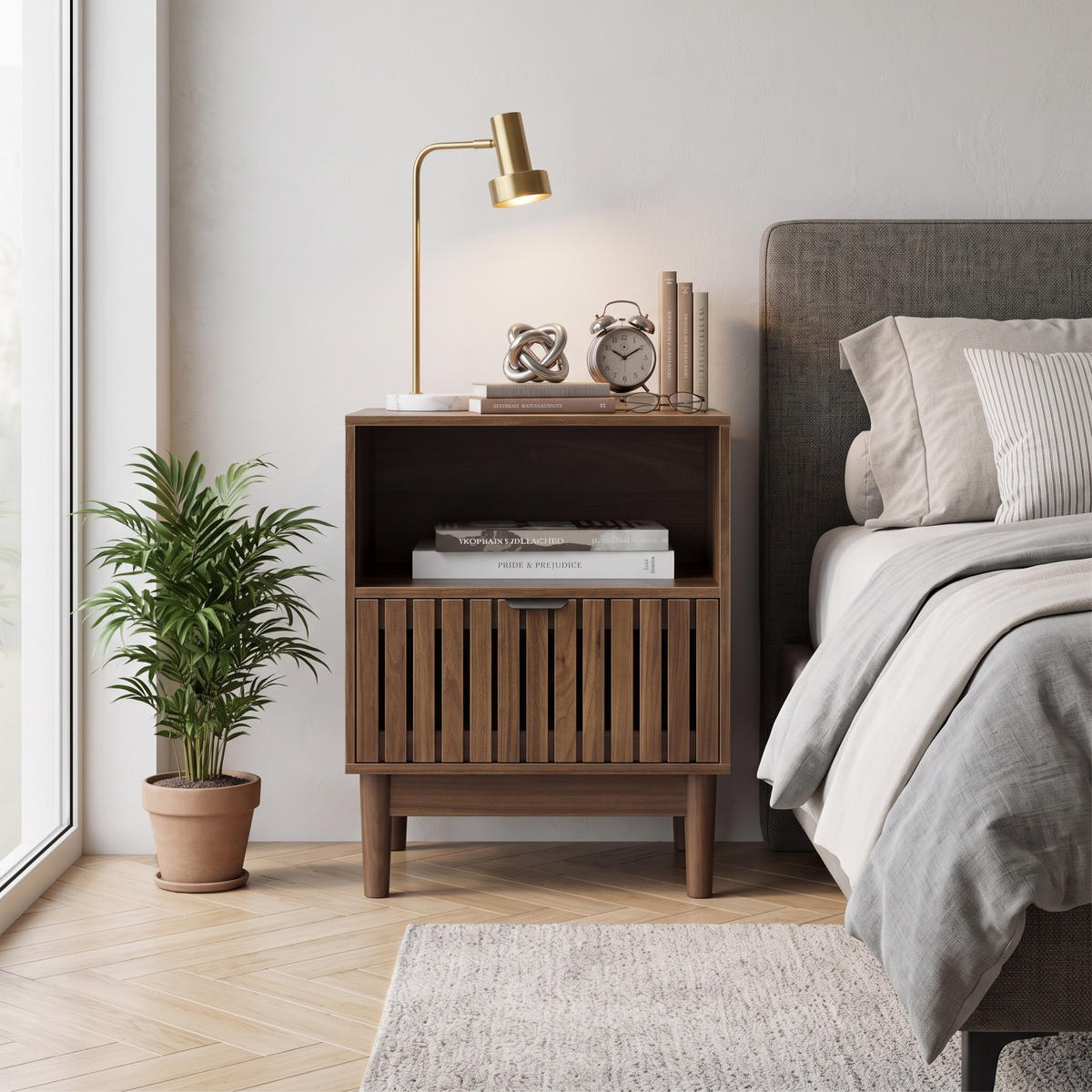 NACHTTISCH mit 1 Schublade und Offenem Fach - Nachtkommode im Mid-Century Design - Lamellen Design - Walnuss - Walnussfarben, Holzwerkstoff (39/56.5/45cm) - DELFA