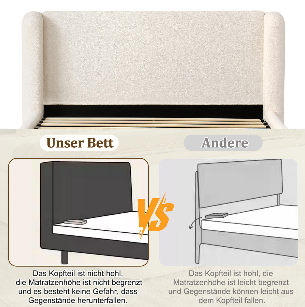 POLSTERBETT 160/200 cm aus Bouclé mit Bettkasten und hydraulischer Öffnung Beige - Beige, Textil (160/200cm) - Modenvie