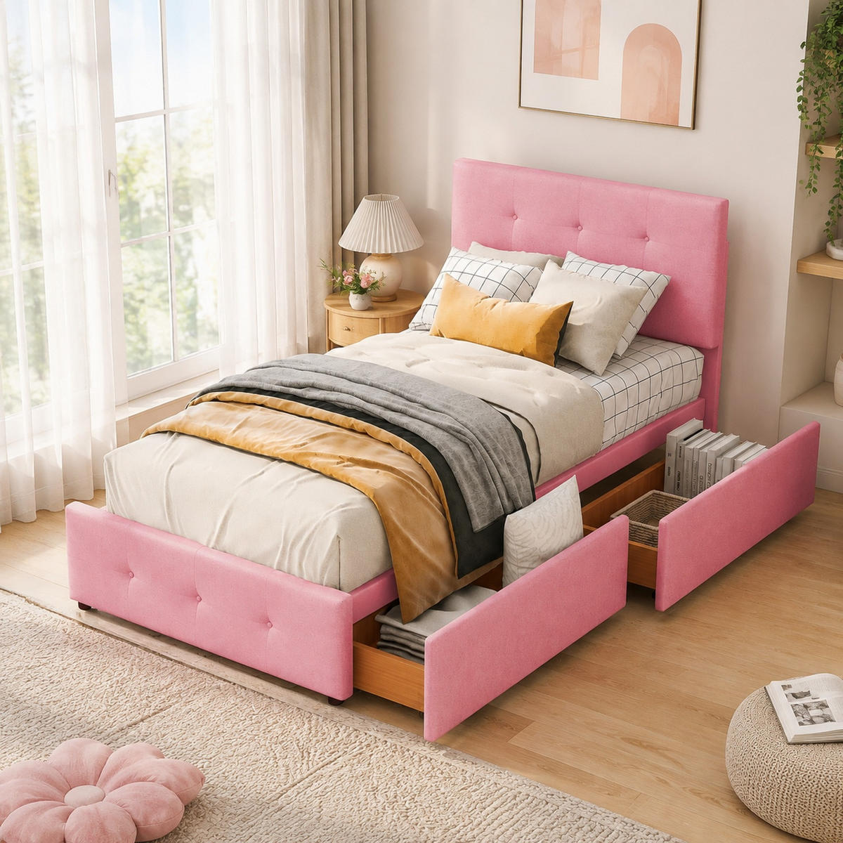 POLSTERBETT 90/200 mit Lattenrost, Rückenlehne, Schublade und Samtbezug in Beige - Rosa, Holzwerkstoff/Textil (90/200cm) - EVRYAE