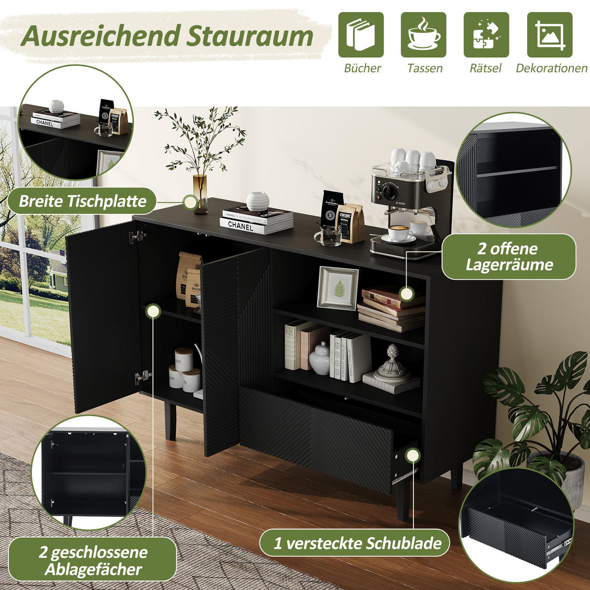 SIDEBOARD Schwarz 125/40/86 cm - Schwarz, Holzwerkstoff (40/86/125cm) - Urban Meuble