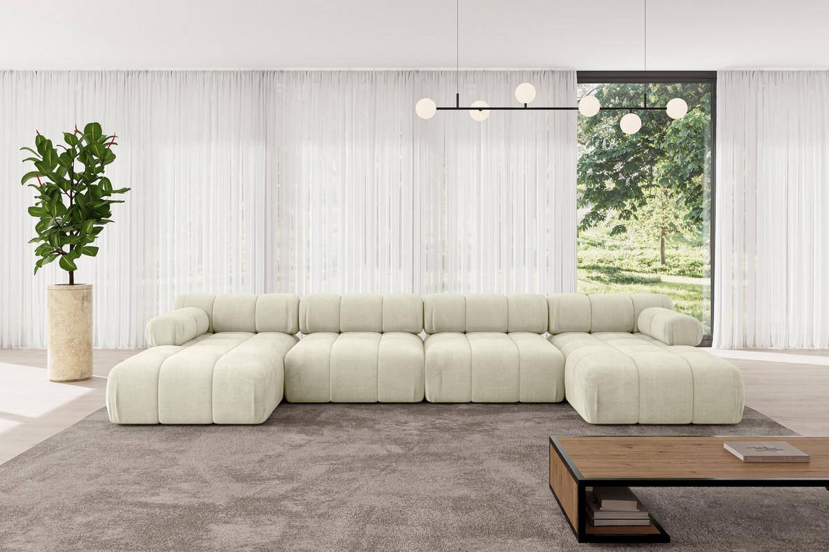 WOHNLANDSCHAFT modulares Sofa Tesso-U2 - 380x160x70 cm Beige Velours - Beige, Holzwerkstoff/Textil (380/70/160cm) - ALTDECOR