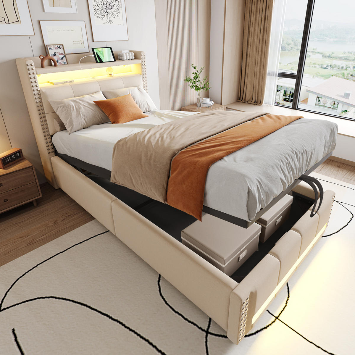 POLSTERBETT 90/200 cm Beige aus Leinenstoff mit LED, USB und Stauraum - Beige, Textil (90/200cm) - OKMYHOME