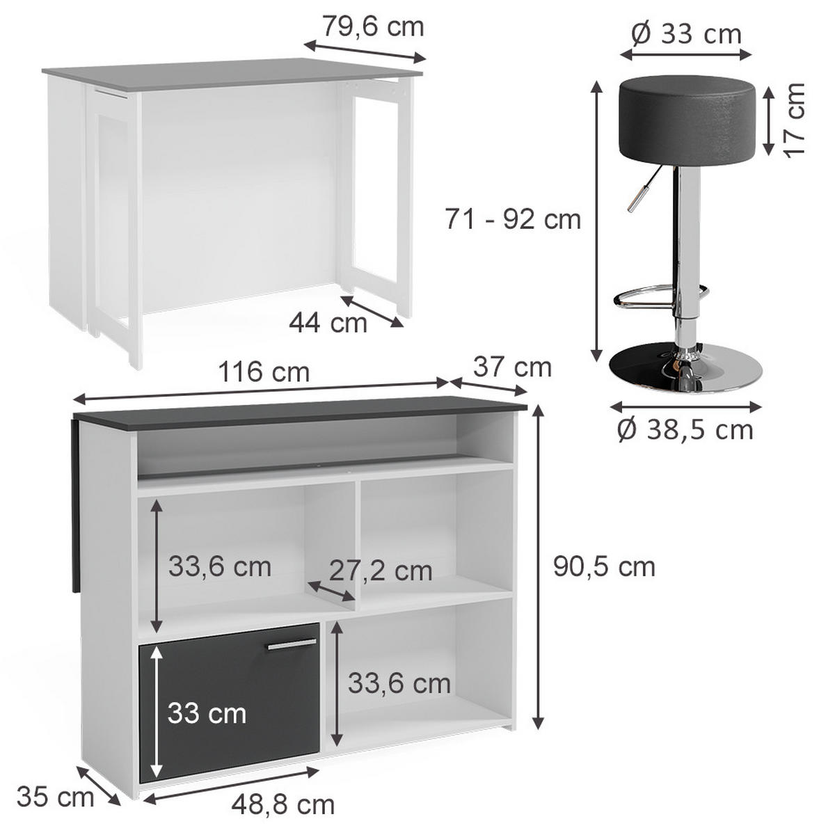 BARTISCH-SET Dominic Anthrazit/Weiß 116 x 37 cm mit 2 Barhockern - Anthrazit/Weiß, Holzwerkstoff (116/90.5/37cm) - Vicco